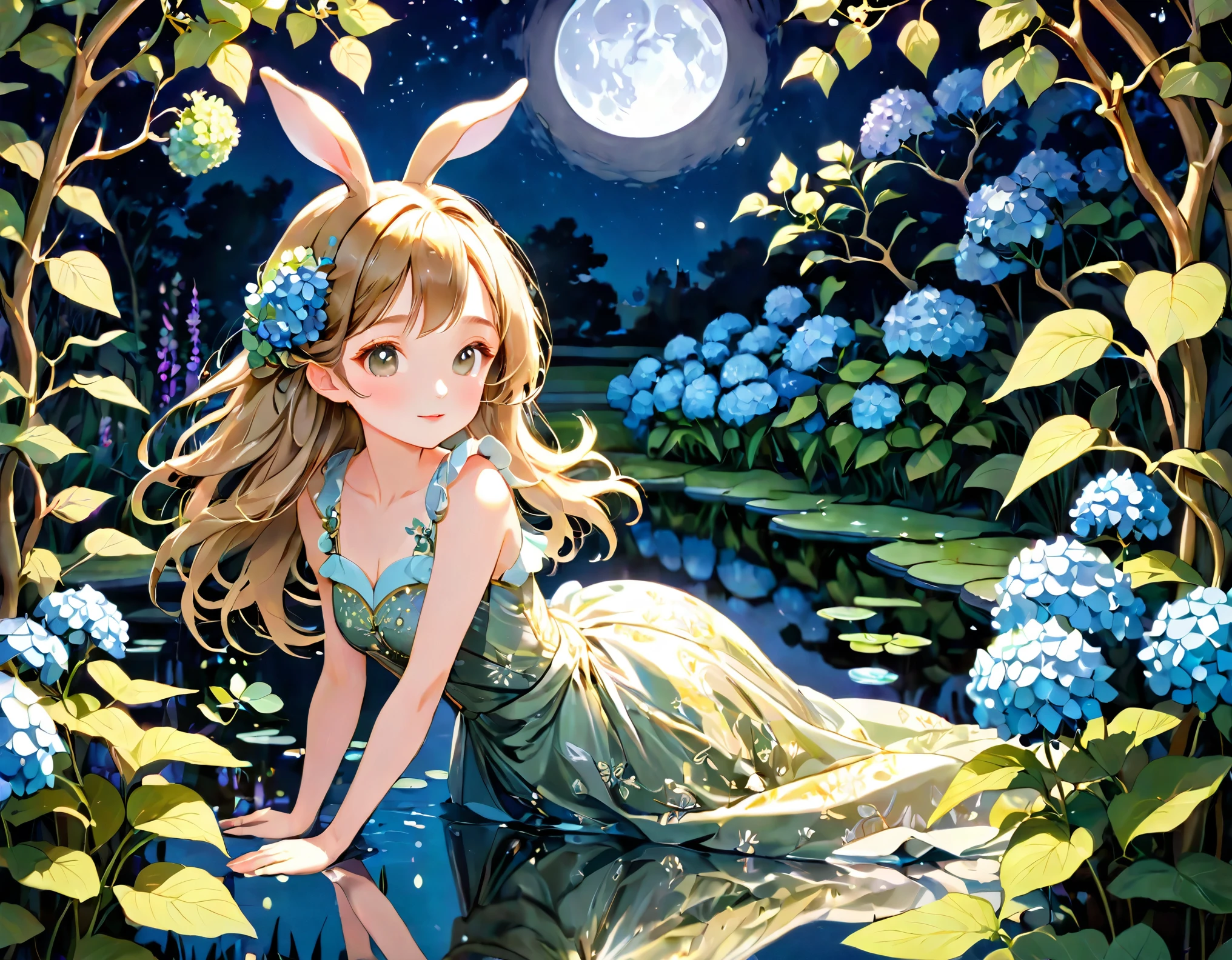 Girl in the Garden,Cutout paper,(Clever rabbit),Hydrangea flowers,pastel colour,highest quality,Mediate:dream-like,Calm,Surreal,Fantasy,fine grain,Sophisticated dress,Lush greenery,Infinite steppe,Soft sunlight,magic,peaceful,Whimsical,elegant,Sleep under the moonlight,Moonlit pond,bright,Holographic Flowers,romantic,dream-like,attractive,Golden vine,Calm顔,Long eyelashes,Gentle Breeze,moonlight,Dancing Tree,quiet,Carbonated water,Crystal clear reflections,Delicate moon,Celestial,attractive,Garden at Night,Harmony,Natural Beauty,magic森.The girl is in the center.、Upper Body View、Face close-up