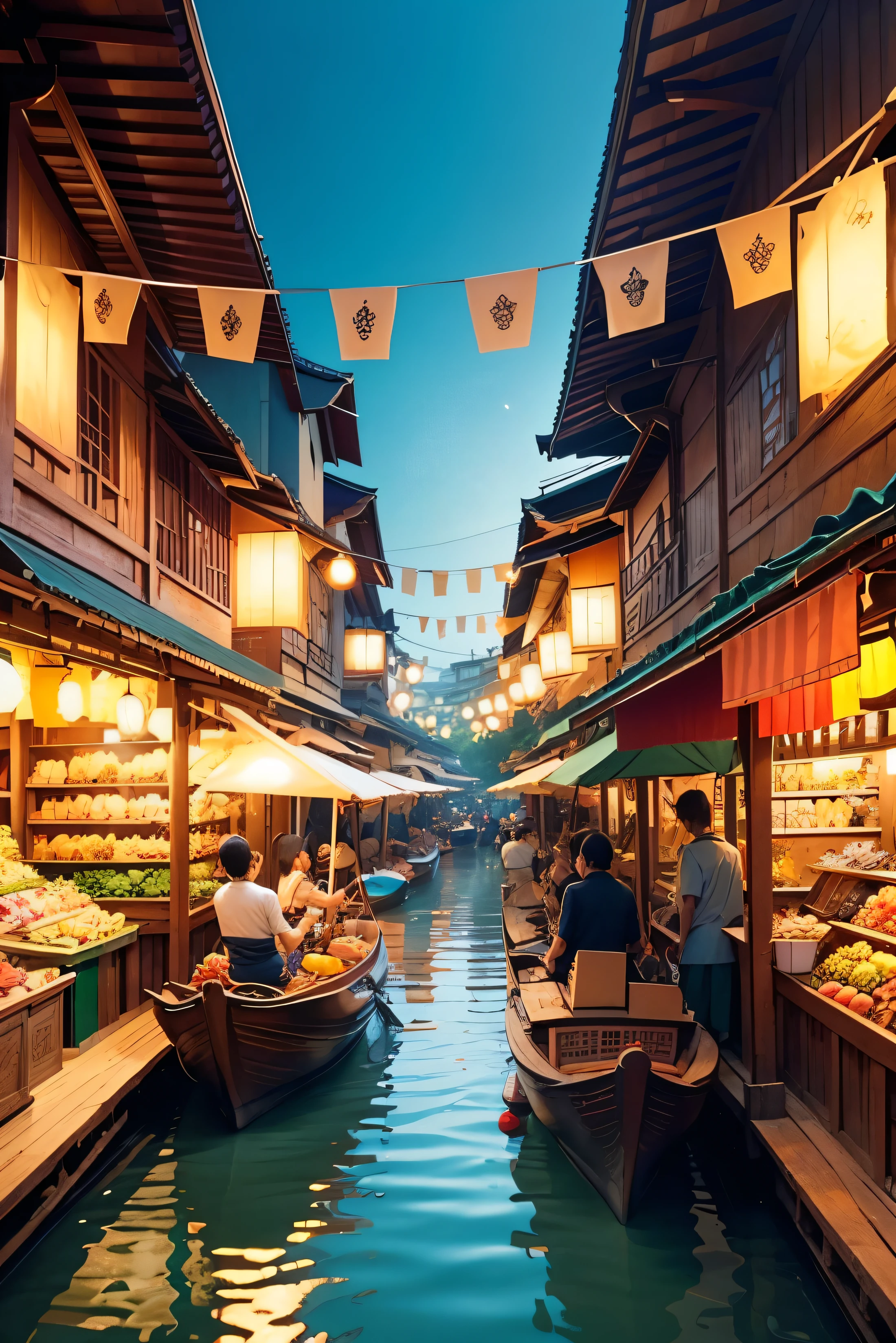 Imagine a lively Thai floating market bustling with activity. Wooden boats, intricately detailed and adorned with colorful awnings, float along a gently flowing canal. Vendors enthusiastically sell a variety of vibrant goods, from fresh fruits and vegetables to flowers and spices. Shoppers examine items, children play, and people interact with expressive faces and dynamic movements. The market is surrounded by lush greenery and traditional Thai wooden buildings. Use a vibrant color palette to highlight the diverse goods and natural surroundings, with warm, natural sunlight casting reflections and shadows on the water. Add subtle magical elements, like glowing lanterns and small whimsical creatures, to capture the enchanting feel of Studio Ghibli. Ensure the scene is rich with cultural authenticity, including traditional Thai designs and local flora and fauna, creating a vibrant, lively, and immersive floating market.