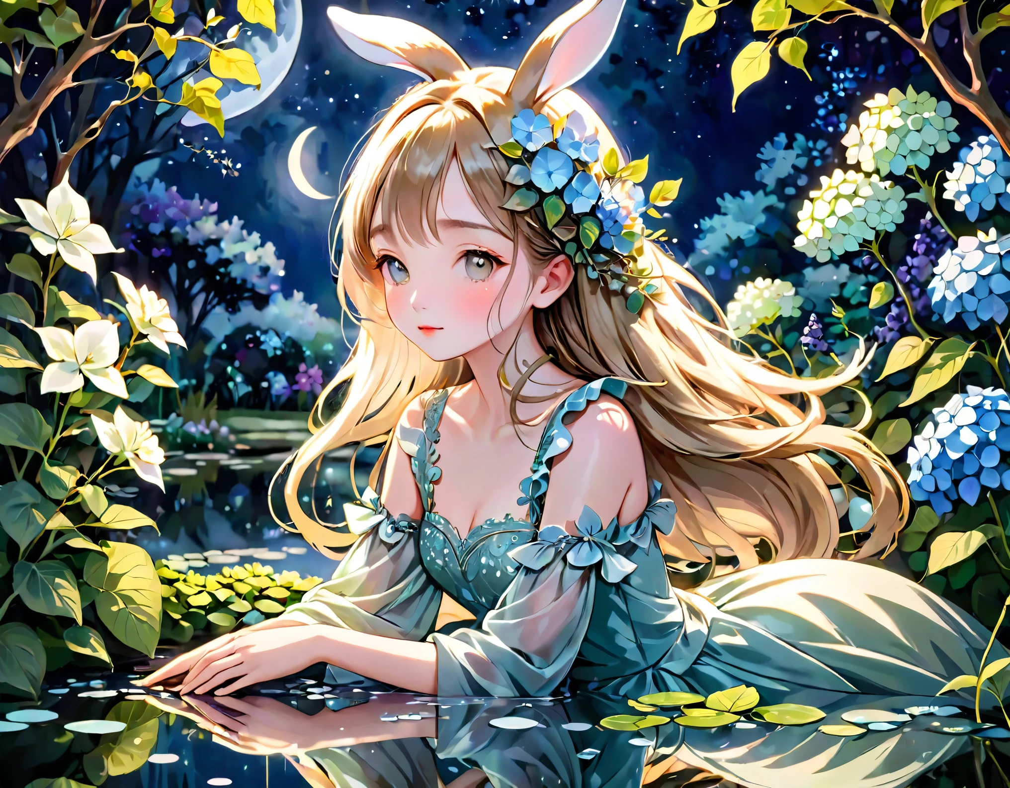 Girl in the Garden,Cutout paper,(Clever rabbit),Hydrangea flowers,pastel colour,highest quality,Mediate:dream-like,Calm,Surreal,Fantasy,fine grain,Sophisticated dress,Lush greenery,Infinite steppe,Soft sunlight,magic,peaceful,Whimsical,elegant,Sleep under the moonlight,Moonlit pond,bright,Holographic Flowers,romantic,dream-like,attractive,Golden vine,Calm顔,Long eyelashes,Gentle Breeze,moonlight,Dancing Tree,quiet,Carbonated water,Crystal clear reflections,Delicate moon,Celestial,attractive,Garden at Night,Harmony,Natural Beauty,magic森.The girl is in the center.、Upper Body View、Face close-up