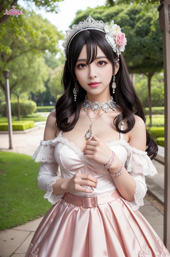 sexy stylish Spanish model, only 1 female, ((doll-like appearance)), full-body Esbian, beautiful smile, ultra detailed eyes, lipgloss, long lashes, defined eyebrows, ((sexy Paradise Kiss cosplay)), bell-shaped skirt, petticoats, high neckline, puffed sleeves, detailed lace, detailed embroidery, intricate details, Paradise Kiss accessoires and matching headpiece, choker, sparkling ((Paradise Kiss jewelry)), look at the camera, cinematic light, detailed large park background with trees