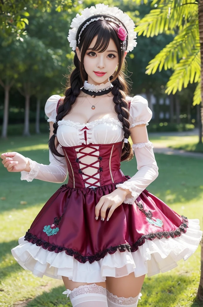 sexy stylish Spanish model, only 1 female, ((doll-like appearance)), full-body Esbian, beautiful smile, ultra detailed eyes, lipgloss, long lashes, defined eyebrows, ((sexy Paradise Kiss cosplay)), bell-shaped skirt, petticoats, high neckline, puffed sleeves, detailed lace, detailed embroidery, intricate details, Paradise Kiss accessoires and matching headpiece, choker, sparkling ((Paradise Kiss jewelry)), look at the camera, cinematic light, detailed large park background with trees