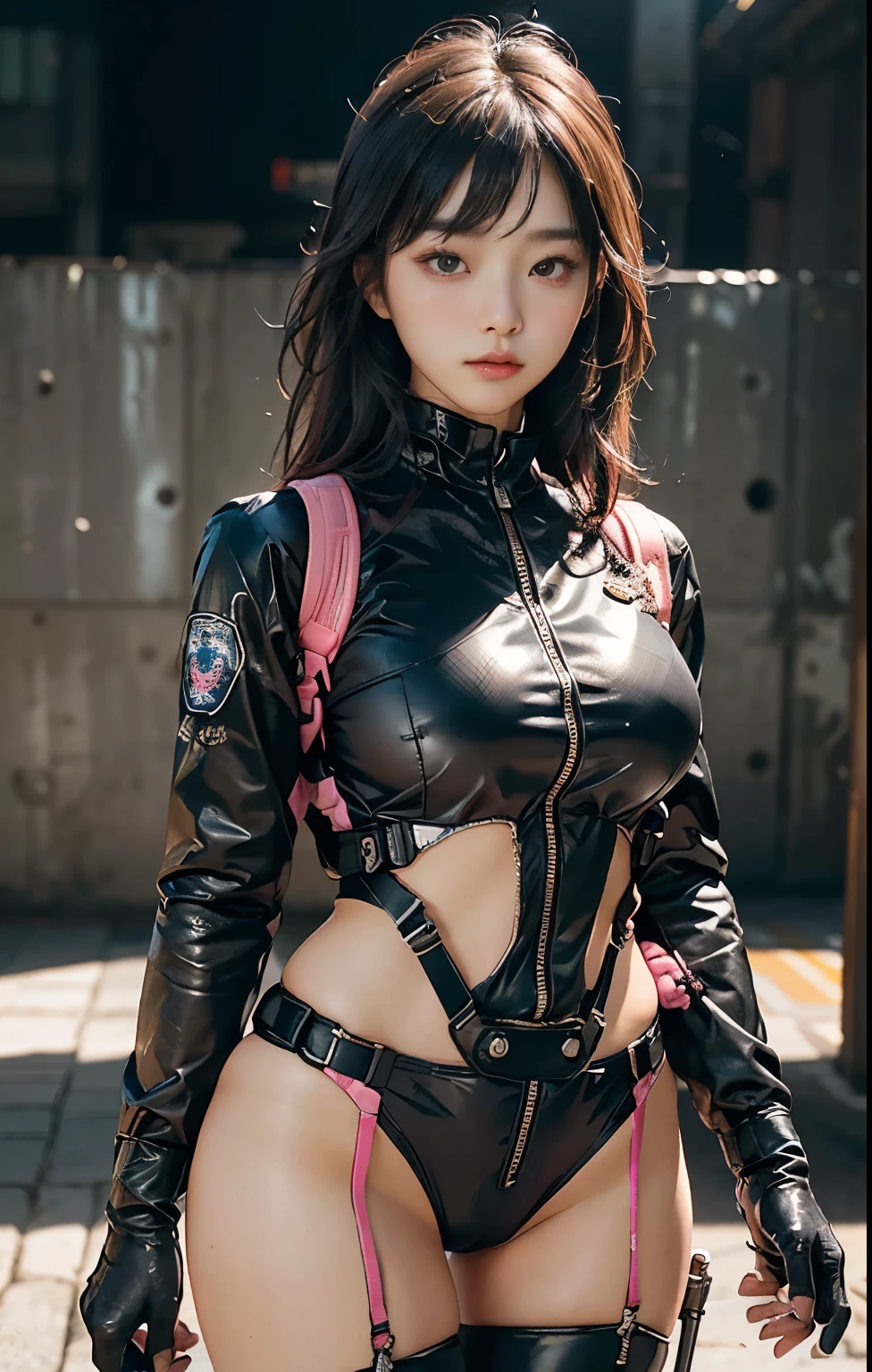 (Highest image quality, outstanding details, ultra-high resolution), (realism: 1.4), favor details, highly condensed 1 beautiful Korean girl, with a delicate and beautiful face, ((cowboy shot)), (a bit chubby:0.4), (wearing black racing suit likes police uniform, black and pink mecha, wearing military harness, holding a machinegun), background simple grey concrete,