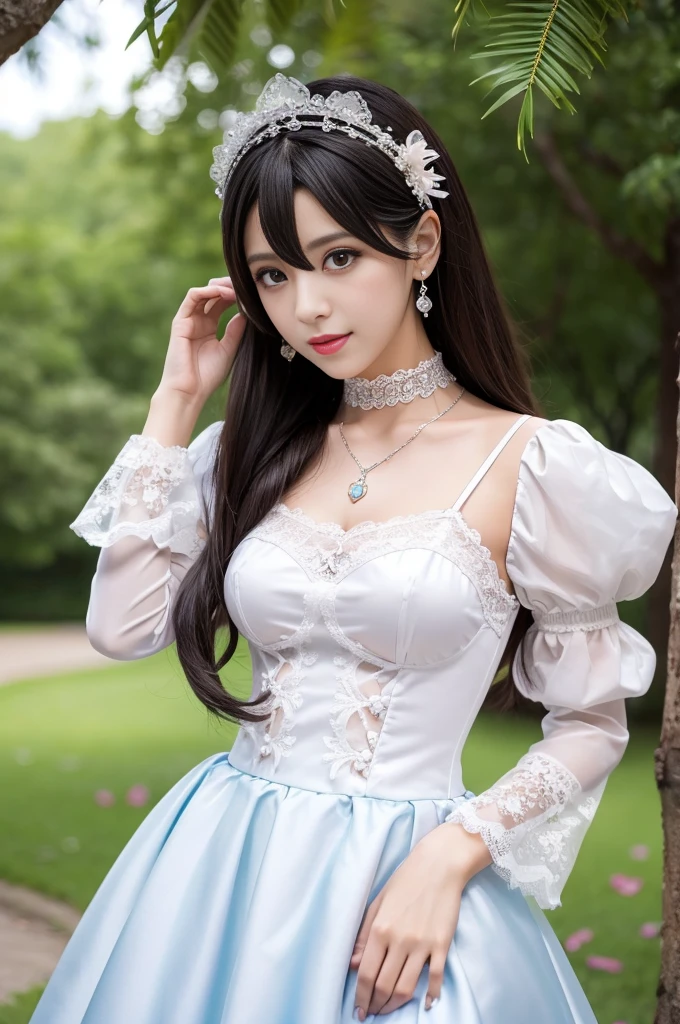sexy stylish Spanish model, only 1 female, ((doll-like appearance)), full-body Esbian, beautiful smile, ultra detailed eyes, lipgloss, long lashes, defined eyebrows, ((sexy Paradise Kiss cosplay)), bell-shaped skirt, petticoats, high neckline, puffed sleeves, detailed lace, detailed embroidery, intricate details, Paradise Kiss accessoires and matching headpiece, choker, sparkling ((Paradise Kiss jewelry)), look at the camera, cinematic light, detailed large park background with trees