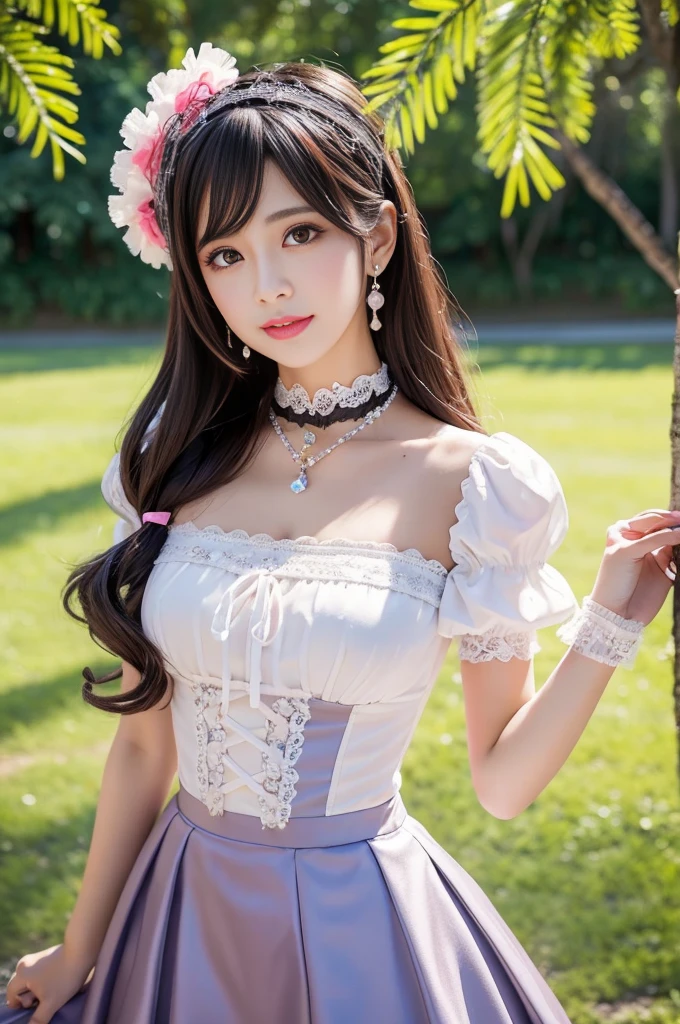 sexy stylish Spanish model, only 1 female, ((doll-like appearance)), full-body Esbian, beautiful smile, ultra detailed eyes, lipgloss, long lashes, defined eyebrows, ((sexy Paradise Kiss cosplay)), bell-shaped skirt, petticoats, high neckline, puffed sleeves, detailed lace, detailed embroidery, intricate details, Paradise Kiss accessoires and matching headpiece, choker, sparkling ((Paradise Kiss jewelry)), look at the camera, cinematic light, detailed large park background with trees