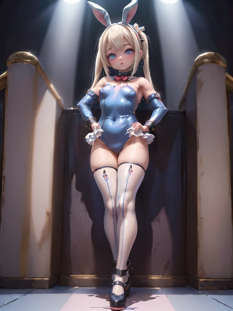 ( girl Full body :1.7) masterpiece、hiquality、1girl in、solo、Marie Rose、cowboy shot、embarassed expression、((Casino))、(((bunnygirl)))、((Leotard with open chest))、((pantyhose))、Put your hands on your hips、 (Foot focus:1.3) (White cuffs)、natta、(Bare chest from the neck)