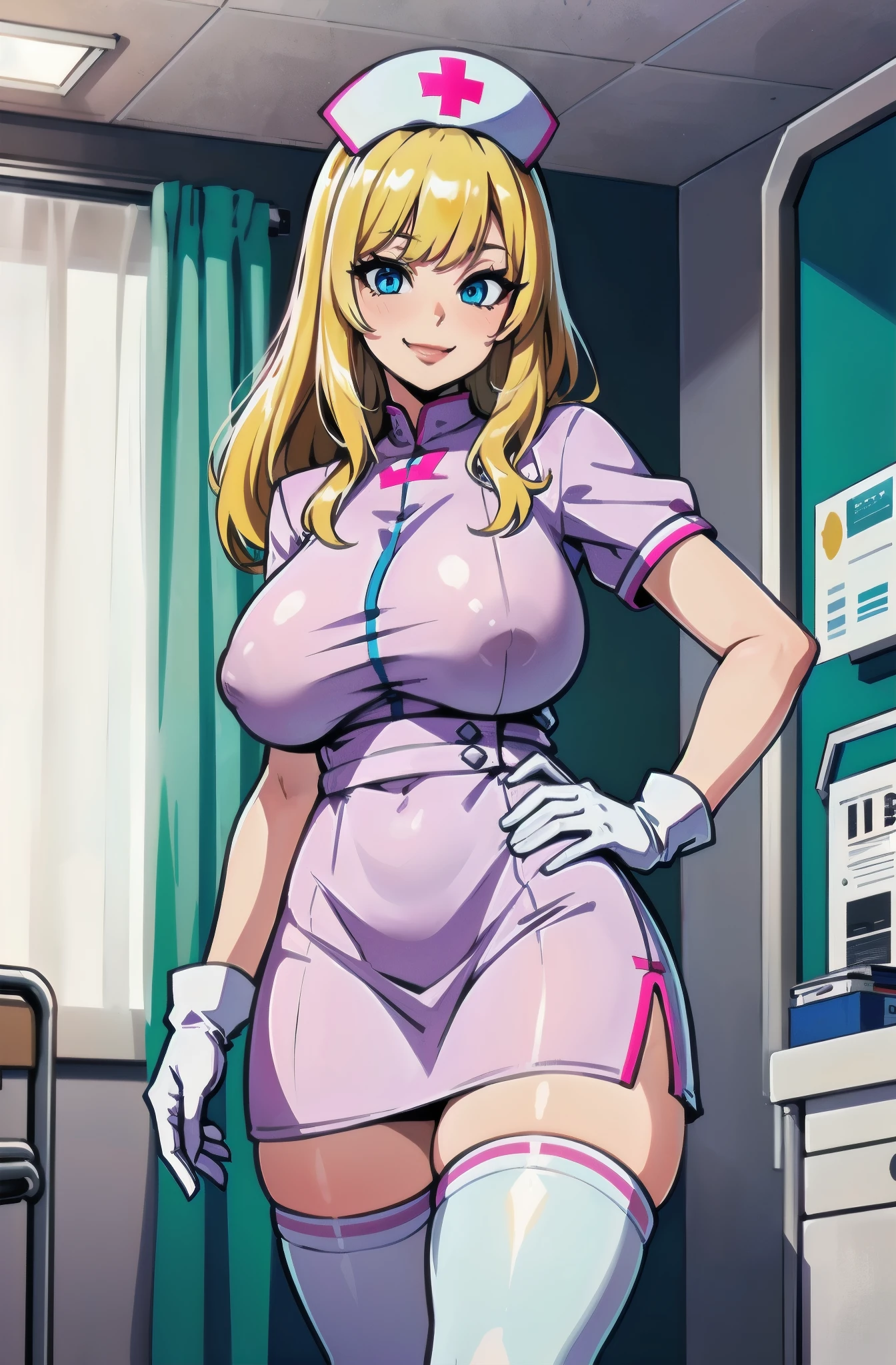 1 Female, nurse, nurse cap, White, ((White legwear, zettai ryouiki)), White gloves, Blonde Hair, blue eyes, Pink Lips, ((((sagging massive breasts)))), smile, Are standing, ((Hospital room)), Sharp contours, Short sleeve, Mature Woman, Age 35, highest quality, masterpiece