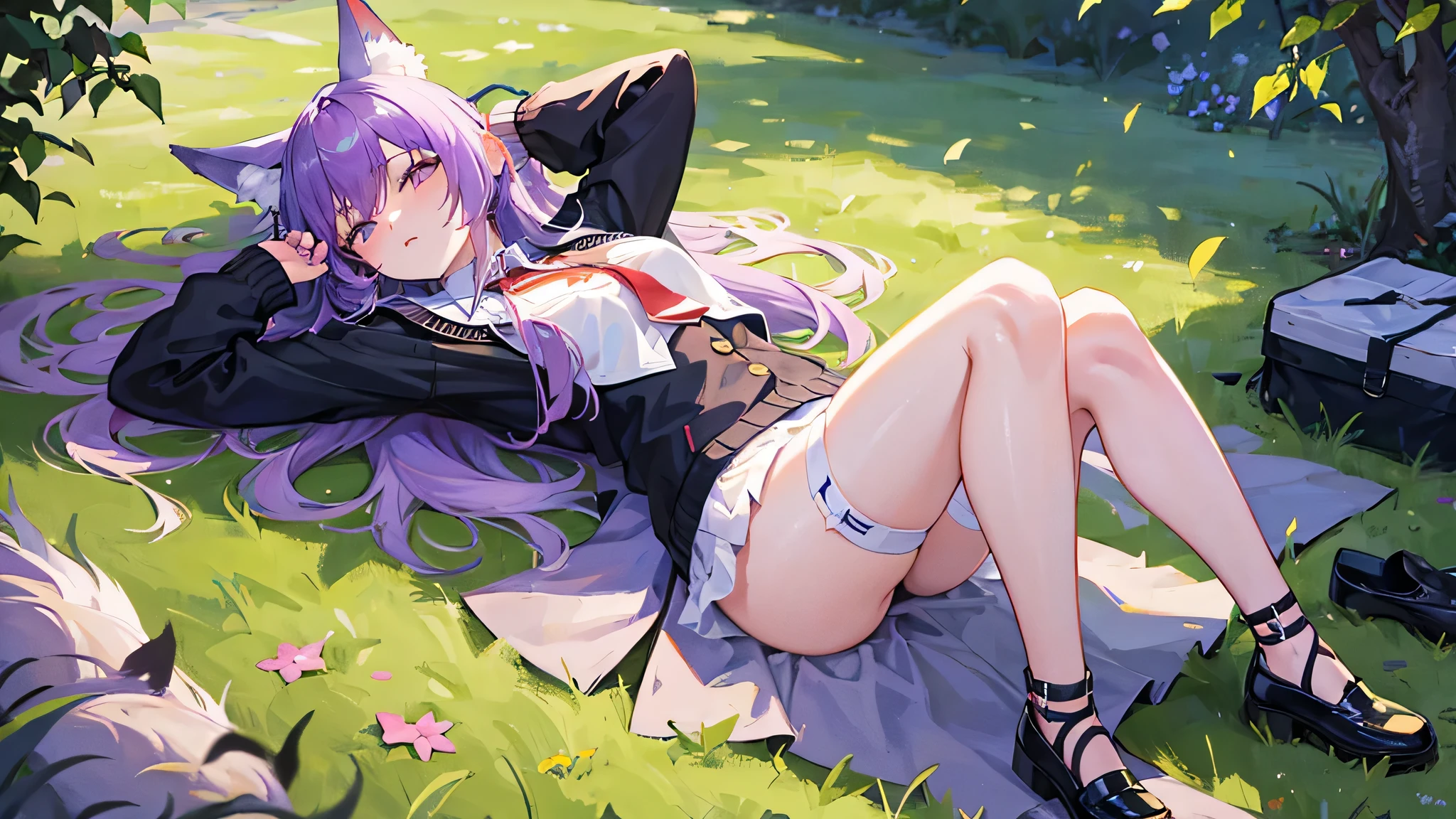 lying down, on grass, park, full body, reaching out, butterfly, wolf ears and tail, skirt, purple hair, fishnets, cropped sweater, nine tailed fox, black shoes, lying on back