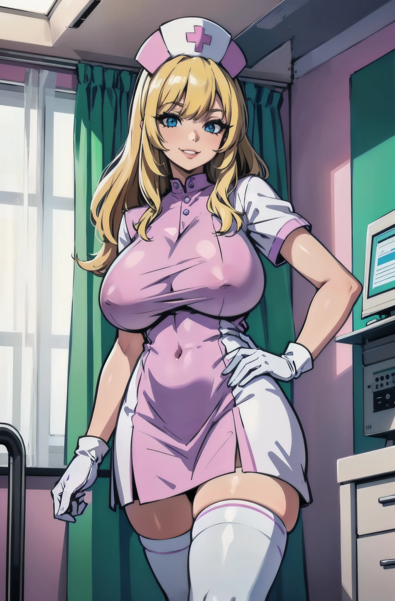 1 Female, nurse, nurse cap, White, ((White legwear, zettai ryouiki)), White gloves, Blonde Hair, blue eyes, Pink Lips, (((((sagging massive breasts))))), smile, Are standing, ((Hospital room)), Sharp contours, Short sleeve, Mature Woman, Age 35, highest quality, masterpiece
