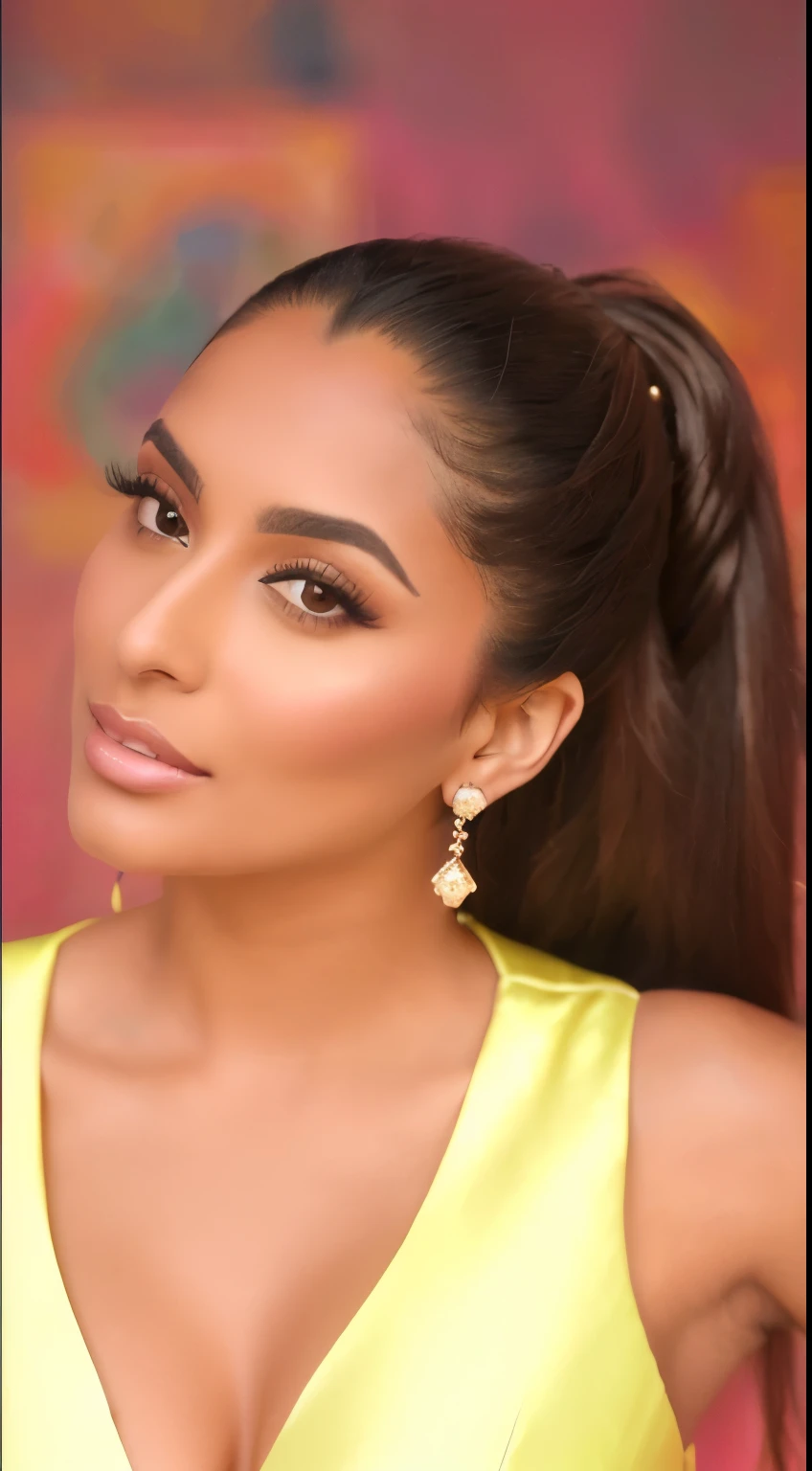 a woman with long hair wearing a yellow dress and earrings, tanned ameera al taweel, inspired by Gina Pellón, gorgeous latina face, violet myers, inspired by Izzy Medrano, jaw dropping beauty, long black hair in a ponytail, kailee mandel, inspired by Briana Mora, inspired by Julia Pishtar, sleek eyes