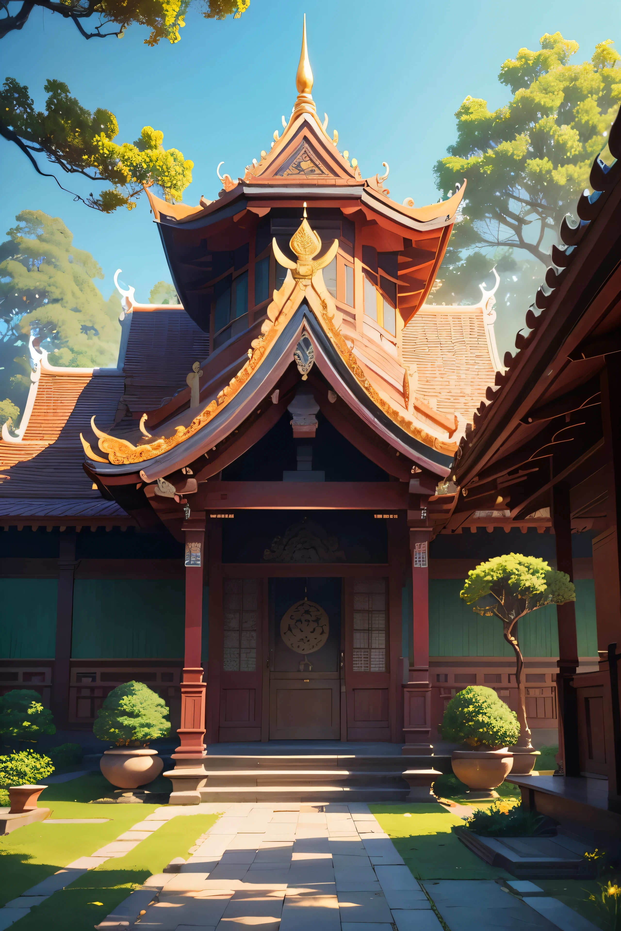 Imagine a traditional Thai temple with its intricate carvings, golden spires, and vibrant roof tiles. Place it in a lush, green setting with trees gently swaying in the breeze and a clear blue sky overhead. Use rich, vibrant colors to highlight the temple's details, and ensure the environment is full of life, perhaps with monks walking in the garden and birds perched on the temple roofs. Integrate the natural and architectural elements smoothly, using fluid lines and soft lighting to create a serene, magical atmosphere reminiscent of Studio Ghibli films.