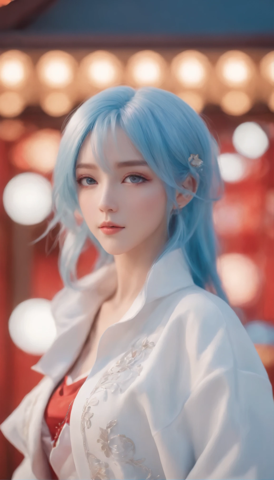 A striking full-body portrait of an anime boy, exquisitely rendered in 4D anime style。He is tall、Expressive anime faces、Underneath the cascade of blue hair reminiscent of Solando&#39;s hairstyle、Adorned with captivating blue eyes。Wearing a refreshing white jacket、It creates a beautiful contrast with the vibrant hair.、Creating a dynamic and engaging visual experience。The background is filled with intricate and colorful patterns.、Highlights the Moe art style of anime characters。this iasterpiece quality anime style full body character illustrations、Perfect for fans of VTUBER anime and 3D animation art。Red background
