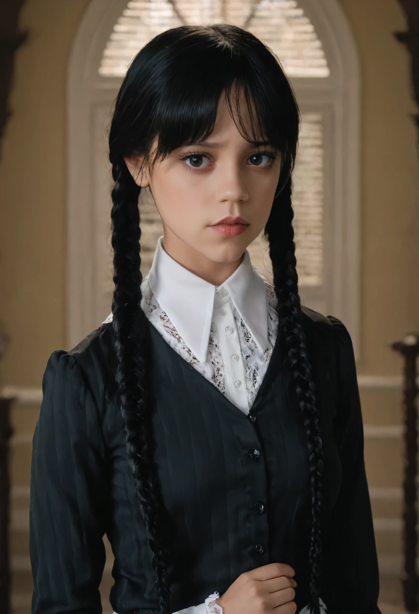 (full head):1.8, Arafed woman looks like Jenna Ortega with braids in a ((white dress and laced shirt, big breast):1.9), as Mittwoch Addams, Mittwoch Addams, she has white eyes!!!, Sie hat schwarze Haare mit Pony, with black pigtails, she has a sweet face
