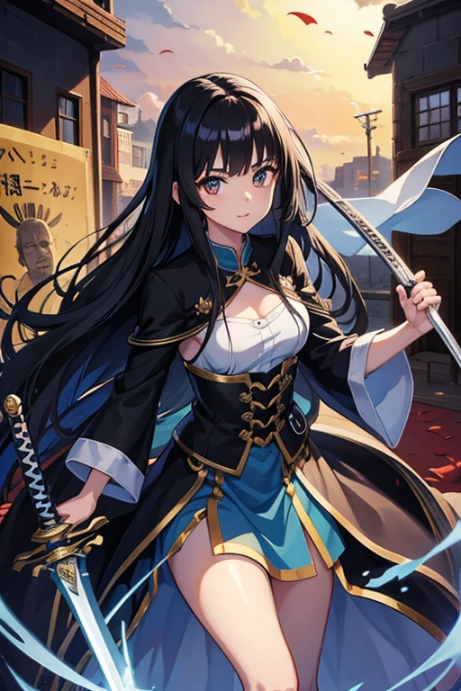 masterpiece, highest quality, High resolution,Anime Style、Characters from TenSura、bright Black Hair(lower:10:1)、Beauty、Holding a sword