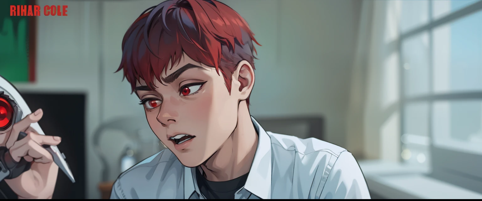 young 17 year old man is scared worried is scared has red hair red eyes