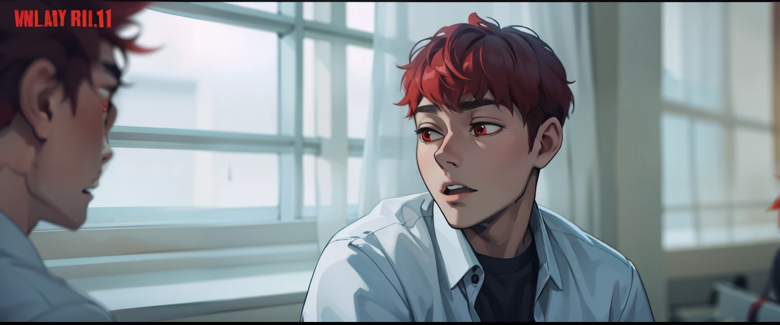young man is scared worried he is scared has red hair red eyes talks to a fellow student