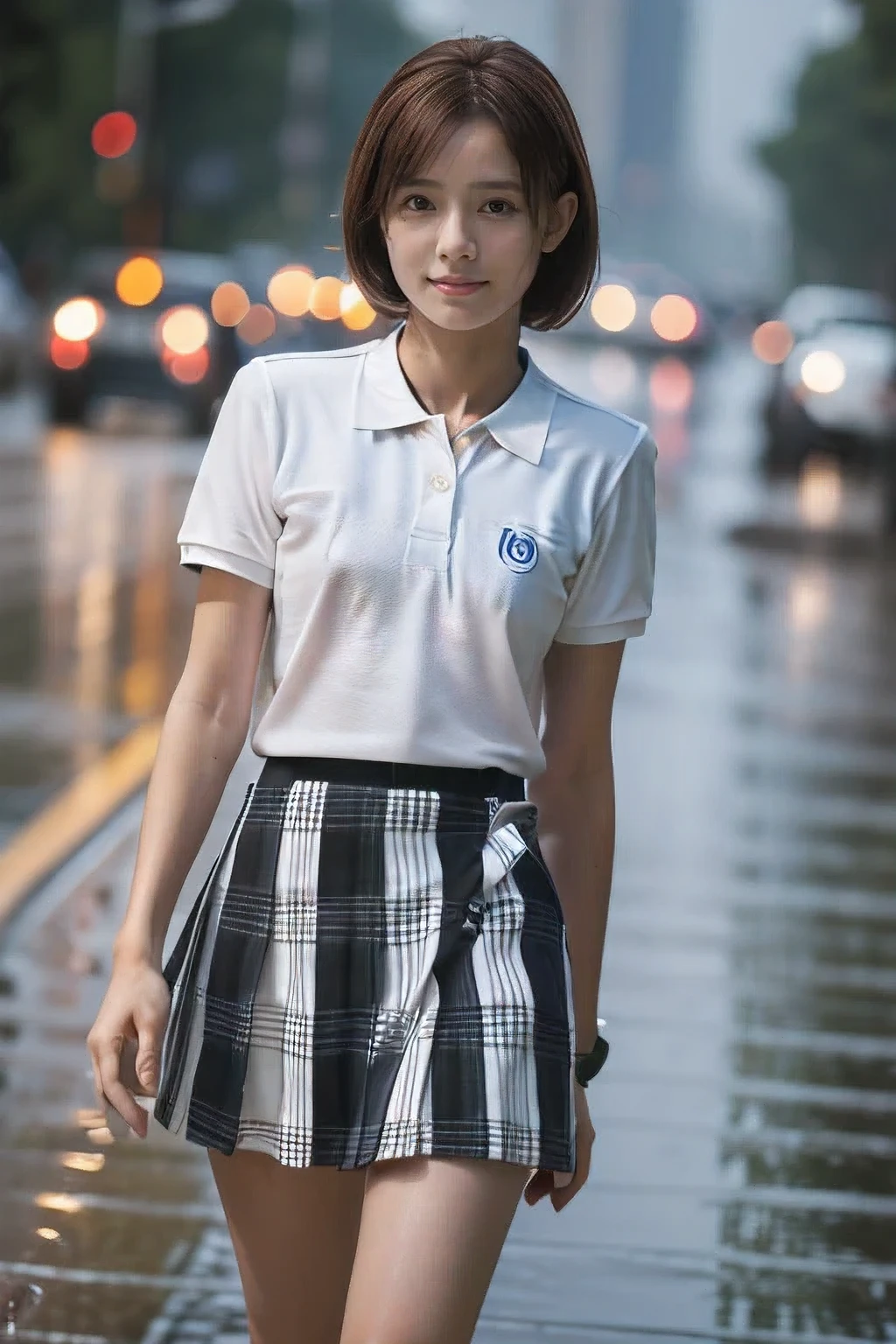 (An 18-year-old woman walking through the rain:1.5)、(Soaking wet:1.2)、(The best quality at its best:1.4), (Super detailed), (Very detailed CG unified 16k), Beautiful woman with perfect figure: 1.4, Sharp focus: 1.2, Very detailed, High-quality RAW color photos, Professional photography, Great face and eyes, cosmetics, (Amazingly beautiful girl), ((White polo shirt、Checkered mini skirt:1.5)), Sexy posture,(View from below), Realistic movie faces, Wide zoomed out view of head to foot length, Full body long view, Realistic, ((Realistic natural orange red hairstyle, Realistic blue eyes)), ( Short Bob Hair:1.5), (necklace:1.5)、, Very beautiful face, Perfect model beauty, Mouth swelling, Highly detailed face and skin texture, Fine grain, double eyelid, Medium chest, smile, Crack, west, (masterpiece), highest quality, High resolution, Very detailed, Blurred Background, Depth of written boundary, Cinema Lighting, Great legs, , Clear, well-maintained skin, (((Women make up the majority of the photo)))