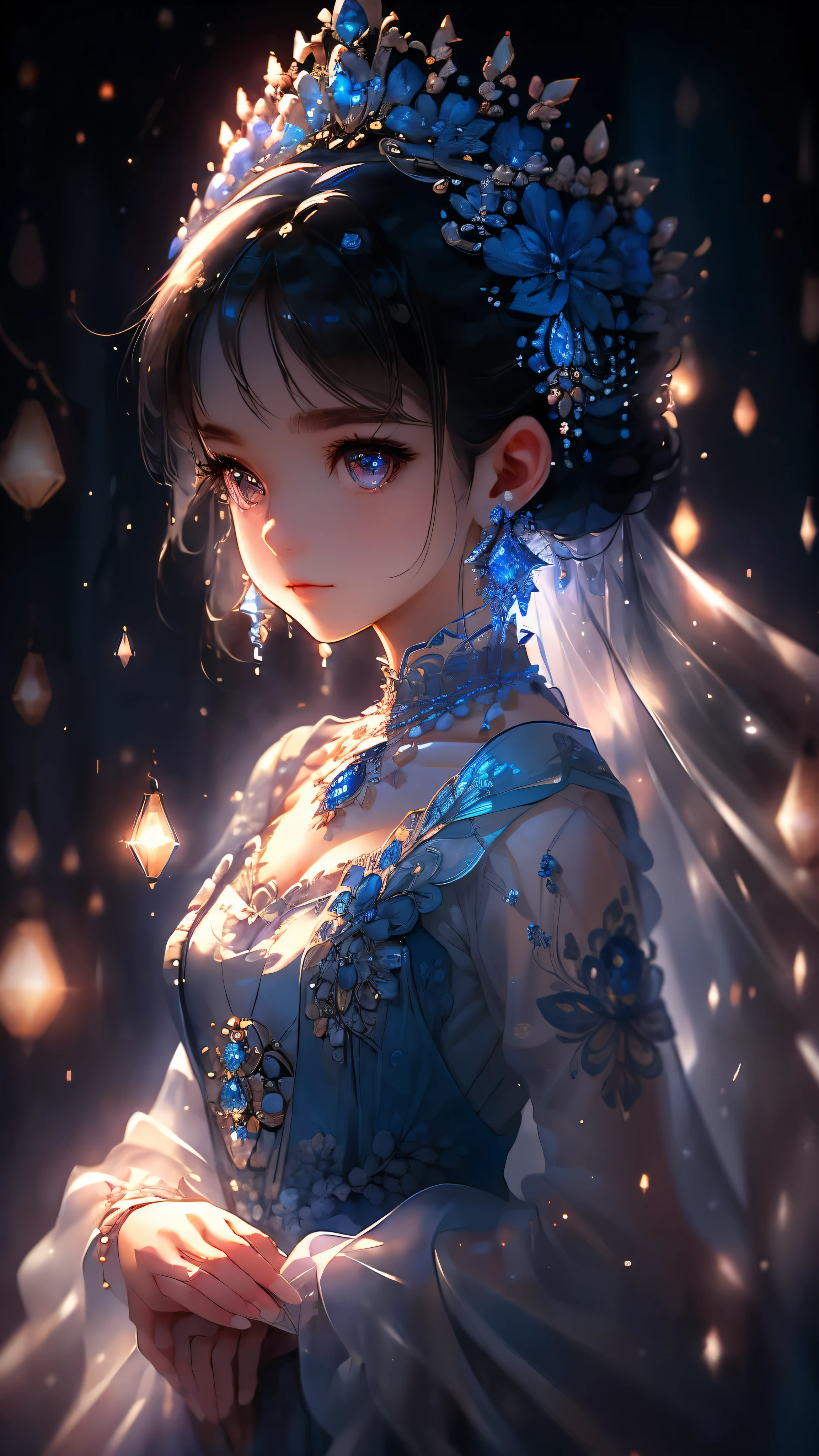 Masterpiece, Best Quality Illustration:
A captivating image of a young girl adorned in a sapphire blue dress, her delicate facial features softened by the gentle glow of cinematic lighting. platinum earrings and a matching necklace sparkle on her, adding an air of elegance to her overall appearance. The dress, intricately detailed with many small gems, shimmers under the dynamic lighting, creating a captivating spectacle. Her eyes are a striking contrast, sharp and realistic, with distinctive sharp pupils and a depth of field that allows the delicate details to stand out even more. The depth of field also accentuates the bokeh, creating a dreamy and