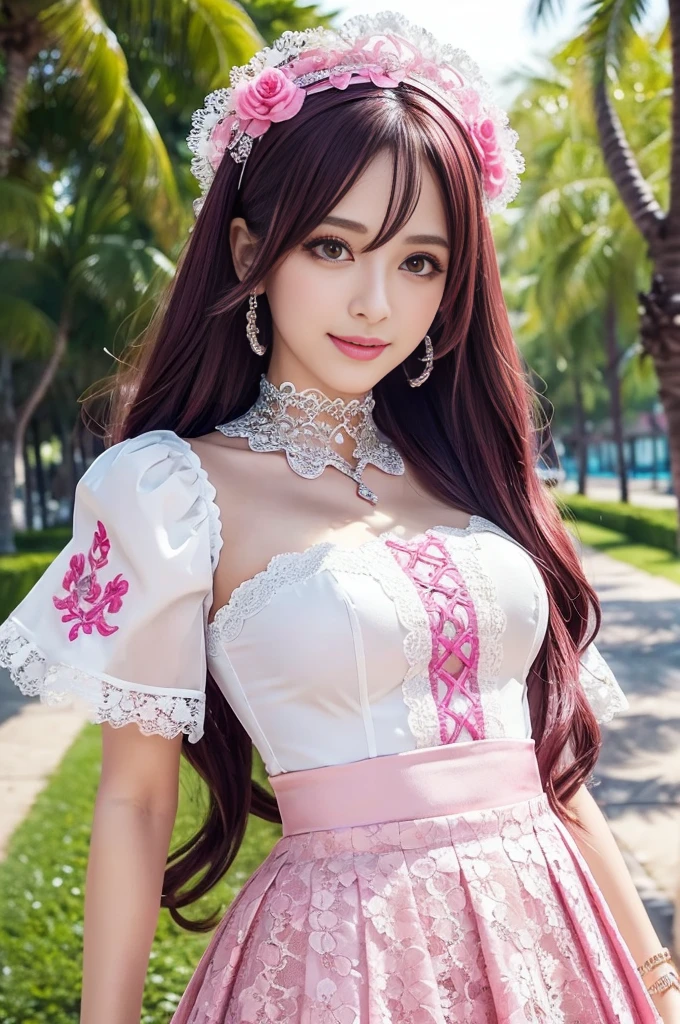 sexy stylish Spanish model, only 1 female, ((doll-like appearance)), long neon pink flowing hair, full-body shot, beautiful smile, ultra detailed eyes, vivid eye makeup, lipgloss, long lashes, defined eyebrows, ((sexy Paradise Kiss cosplay)), bell-shaped skirt, petticoats, high neckline, puffed sleeves, (( ultra detailed lace)), ((ultra detailed embroidery)), intricate details, Paradise Kiss accessoires and matching headpiece, choker, ((large sparkling Paradise Kiss jewelry)), look at the camera, cinematic light, detailed large park background with trees 