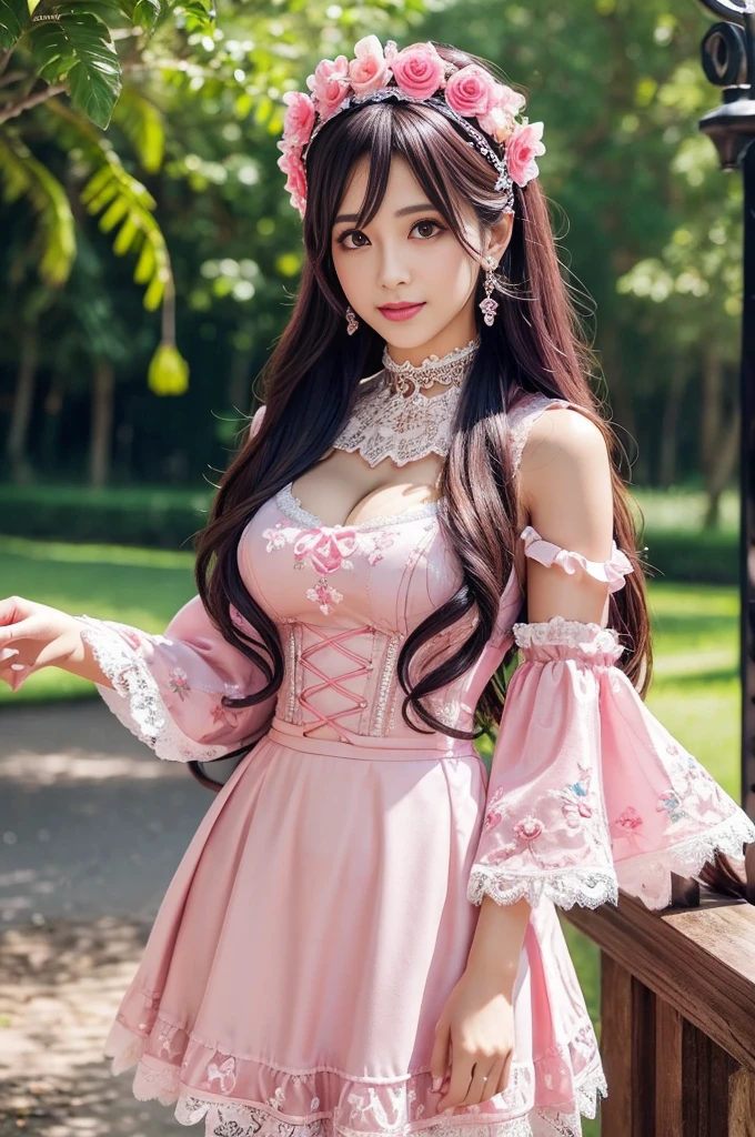 sexy stylish Spanish model, only 1 female, ((doll-like appearance)), long neon pink flowing hair, full-body shot, beautiful smile, ultra detailed eyes, vivid eye makeup, lipgloss, long lashes, defined eyebrows, ((sexy Paradise Kiss cosplay)), bell-shaped skirt, petticoats, high neckline, puffed sleeves, (( ultra detailed lace)), ((ultra detailed embroidery)), intricate details, Paradise Kiss accessoires and matching headpiece, choker, ((large sparkling Paradise Kiss jewelry)), look at the camera, cinematic light, detailed large park background with trees