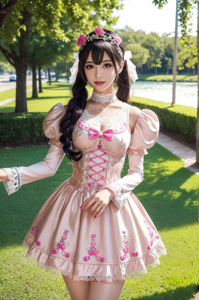 sexy stylish Swedish model, only 1 female, ((doll-like appearance)), full-body shot, beautiful smile, ultra detailed eyes, vivid eye makeup, lipgloss, long lashes, defined eyebrows, ((sexy Paradise Kiss cosplay)), bell-shaped skirt, petticoats, high neckline, puffed sleeves, (( ultra detailed lace)), ((ultra detailed embroidery)), intricate details, Paradise Kiss accessoires and matching headpiece, choker, ((large sparkling Paradise Kiss jewelry)), look at the camera, cinematic light, detailed large park background with trees 