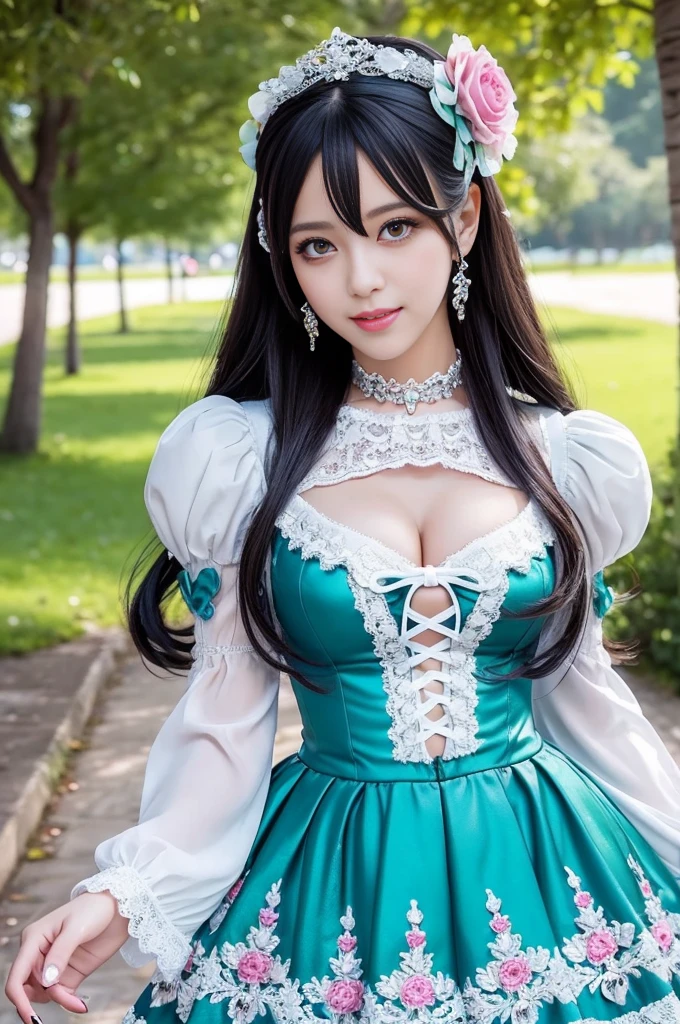 sexy stylish Swedish model, only 1 female, ((doll-like appearance)), full-body shot, beautiful smile, ultra detailed eyes, vivid eye makeup, lipgloss, long lashes, defined eyebrows, ((sexy Paradise Kiss cosplay)), bell-shaped skirt, petticoats, high neckline, puffed sleeves, (( ultra detailed lace)), ((ultra detailed embroidery)), intricate details, Paradise Kiss accessoires and matching headpiece, choker, ((large sparkling Paradise Kiss jewelry)), look at the camera, cinematic light, detailed large park background with trees