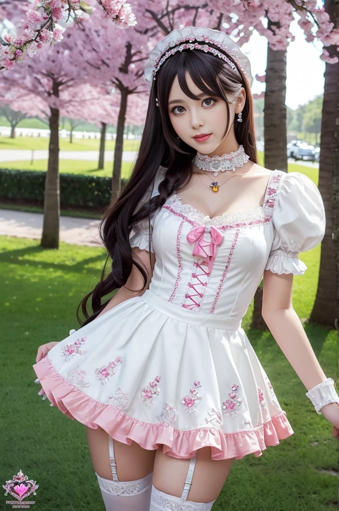 sexy stylish Swedish model, only 1 female, ((doll-like appearance)), full-body shot, beautiful smile, ultra detailed eyes, vivid eye makeup, lipgloss, long lashes, defined eyebrows, ((sexy Paradise Kiss cosplay)), bell-shaped skirt, petticoats, high neckline, puffed sleeves, (( ultra detailed lace)), ((ultra detailed embroidery)), intricate details, Paradise Kiss accessoires and matching headpiece, choker, ((large sparkling Paradise Kiss jewelry)), look at the camera, cinematic light, detailed large park background with trees
