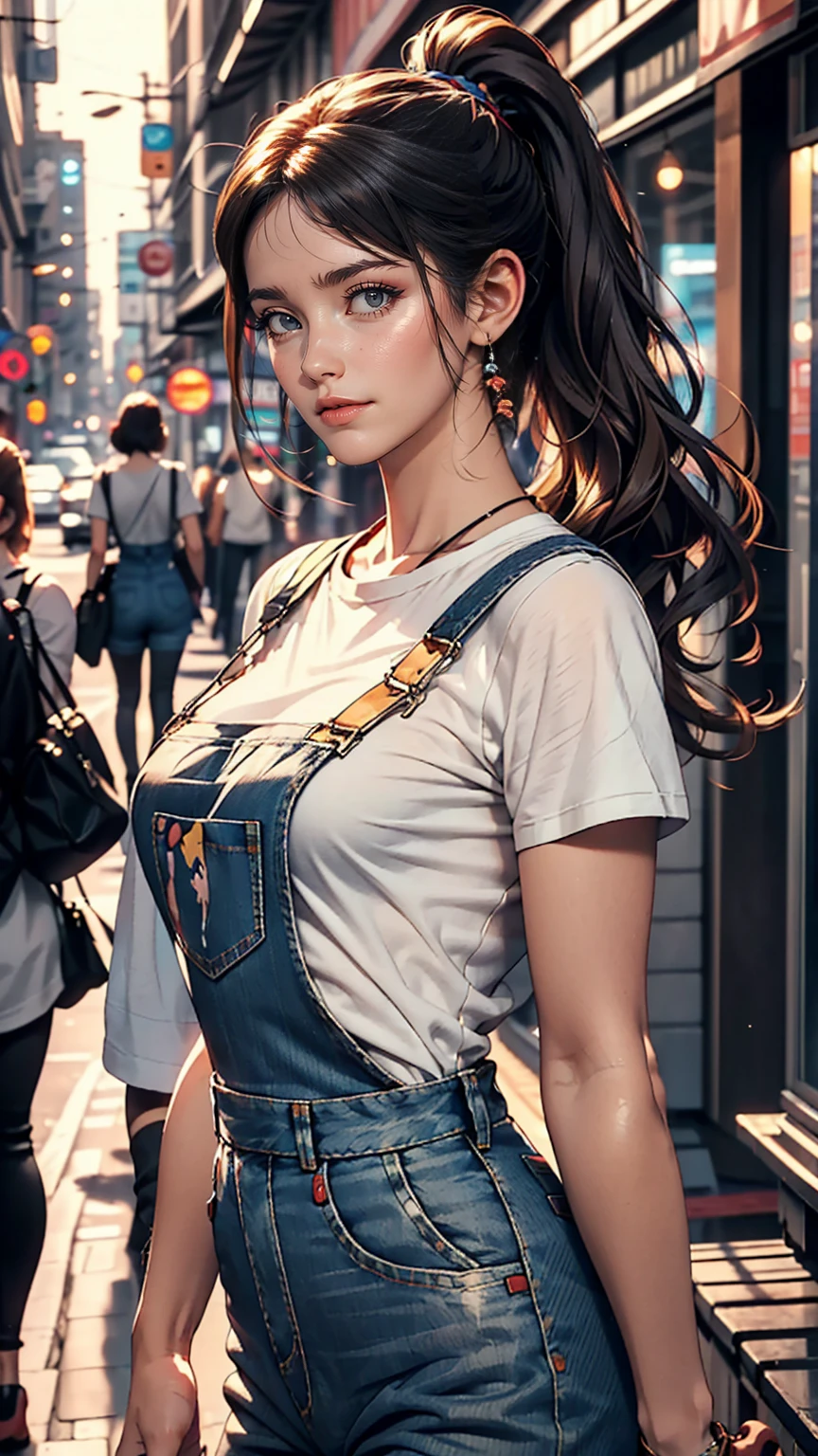 pho3b3cat3s photos, Beautiful woman, ((24-years-old)), street, T-Shirts, Denim overalls, 1980s, Retro, Long wavy black hair in a ponytail, (masterpiece), (Highly detailed CG Unity 8k wallpaper), Complex, ((Realistic)),