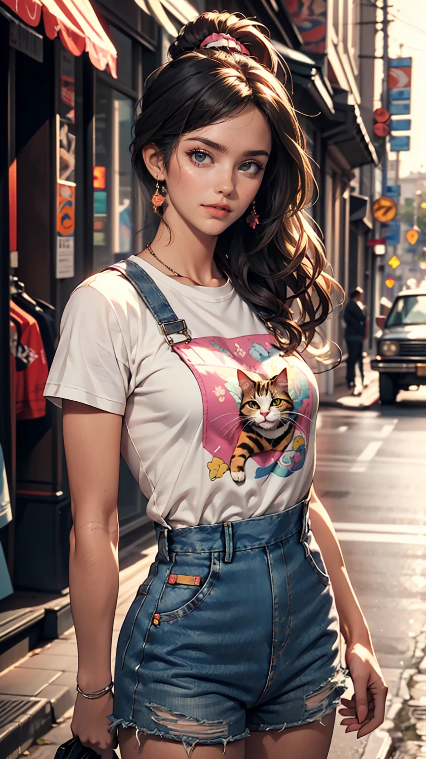 pho3b3cat3s photos, Beautiful woman, ((24-years-old)), street, T-Shirts, Denim overalls, 1980s, Retro, Long wavy black hair in a ponytail, (masterpiece), (Highly detailed CG Unity 8k wallpaper), Complex, ((Realistic)),