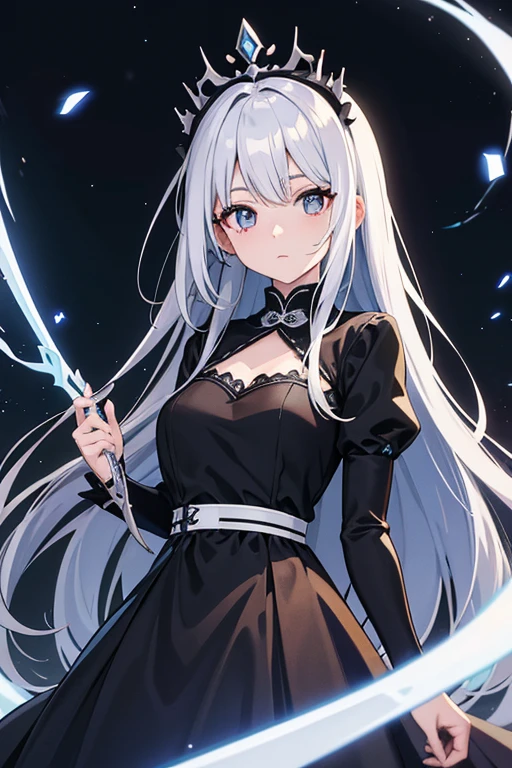 masterpiece, highest quality, High resolution,Anime Style、Characters from TenSura、bright Silver Hair(Decreased:1:10)Black Dress、Dark circles under the eyes、Have a big scythe