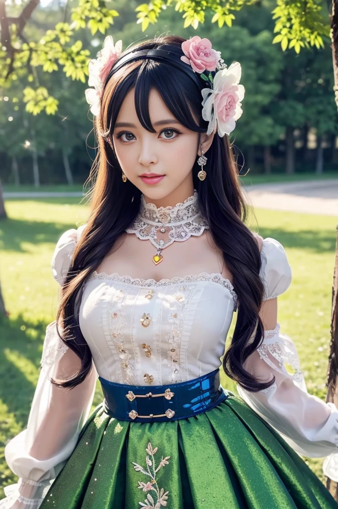 sexy stylish Swedish model, only 1 female, ((doll-like appearance)), full-body shot, beautiful smile, ultra detailed eyes, vivid eye makeup, lipgloss, long lashes, defined eyebrows, ((sexy Paradise Kiss cosplay)), bell-shaped skirt, petticoats, high neckline, puffed sleeves, (( ultra detailed lace)), ((ultra detailed embroidery)), intricate details, Paradise Kiss accessoires and matching headpiece, choker, ((large sparkling Paradise Kiss jewelry)), look at the camera, cinematic light, detailed large park background with trees