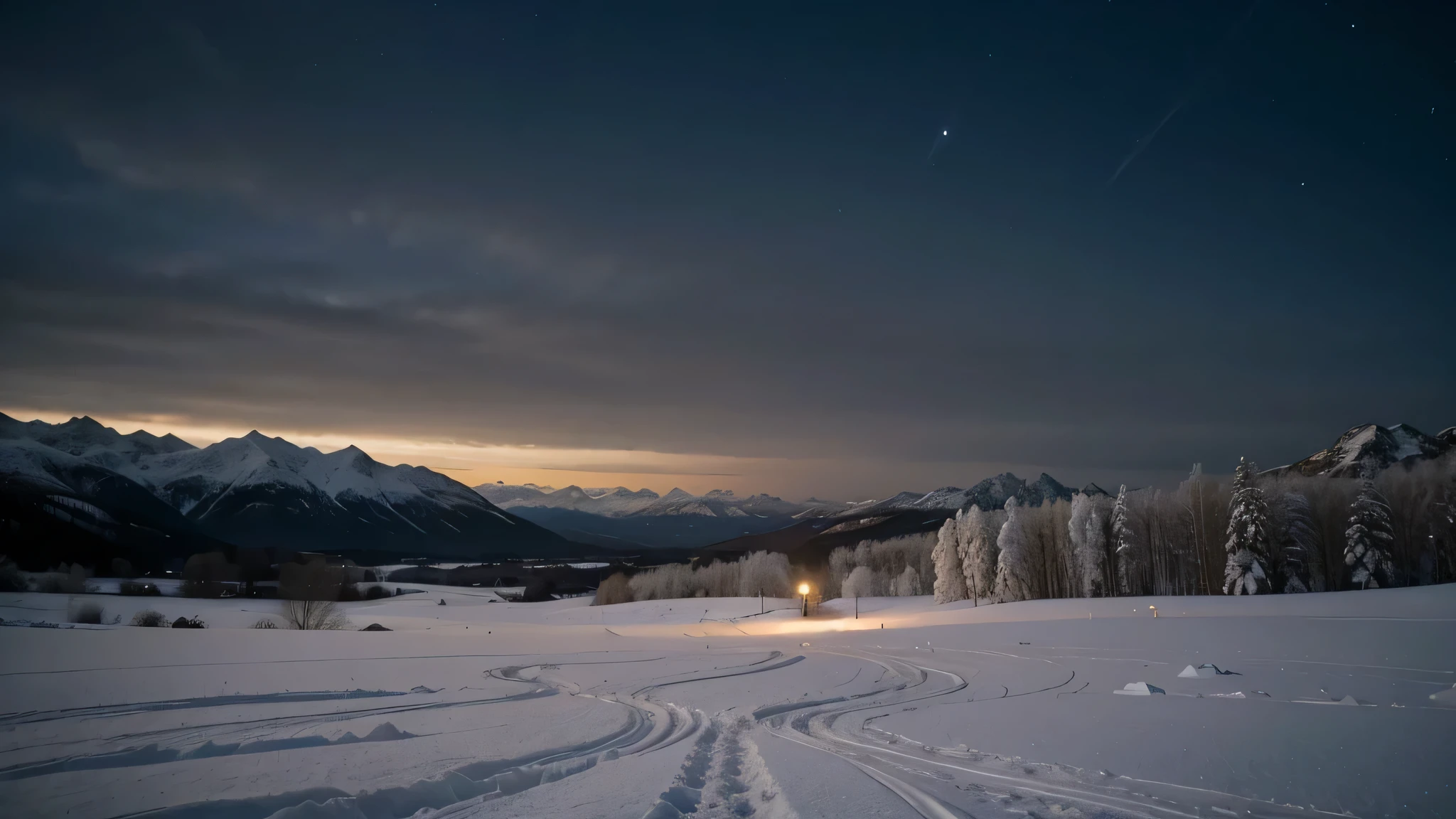 Mountain scenery with lots of snow,Muito impressionante,clima frio, cor escura, noite, com nevoa, com uma luz suave de noite, com uma vista de cima para baixo, meia atura, photographic, com uma lente 50 mm.