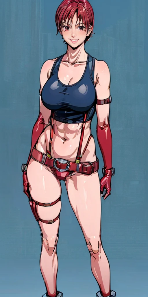 (plain background, 8k, best quality, masterpiece, realistic, photo-realistic:1.37) (full body height standing straight symmetrical contrapposto) (looking at viewer) 2legs 2arms (wide stance) ultra detailed, 1solo cute girl (beautiful detailed eyes) (smile:1.2) (closed mouth) view from below short bob hair, perfect knockers, suspenders, toned body, athletic, wide , thin waist, toned arms, exposed abdomen, abs toned, navel, big belly button belt ((red cheeks, red eyes, red tank top, red , red gloves gauntlets, red stockings thighs)) (Kei Kishimoto)