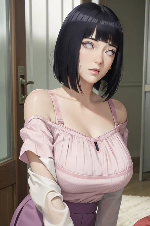 masterpiece, absurdres, hinata\(boruto\), 1girl, solo,mature female, off-shoulder strap bra, high waist short skirt, looking at viewer, perfect composition, detailed lips, big breast, beautiful face, body propotion, blush, (pink lips), long hair,  purple eyes,  soft gaze,  super realistic, detailed, photoshoot, realistic face and body,