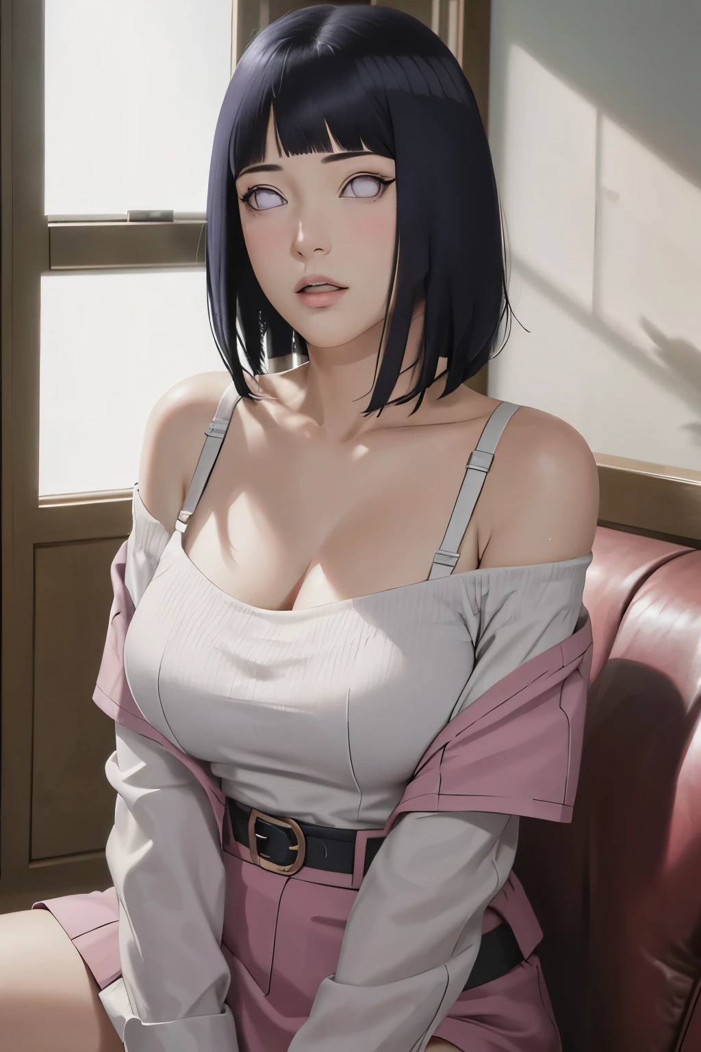 parte mestre, absurdos, Hinata\(boruto\), 1 garota, Sozinho,mulher madura, capuz roxo,mangas em camadas, short jeans marrom sexy, ao ar livre, cloudy sky, perfect composition, circumstantial lips, peito grande, Bonito rosto, Body Proportion, corar, (pink lips), pelo negro corto (PELO NEGRO), olhos lilases, smooth appearance, super realista, circunstanciado, photoshoot, rosto e corpo realistas, cabelo realista, olhos realistas, nariz realista, realistic lips, jeans marrom, animado, dancing lightly. nas suas costas, com o queixo sob o ombro, looking back sensually, sorriso sexy, boca cerrada. pose diferente.