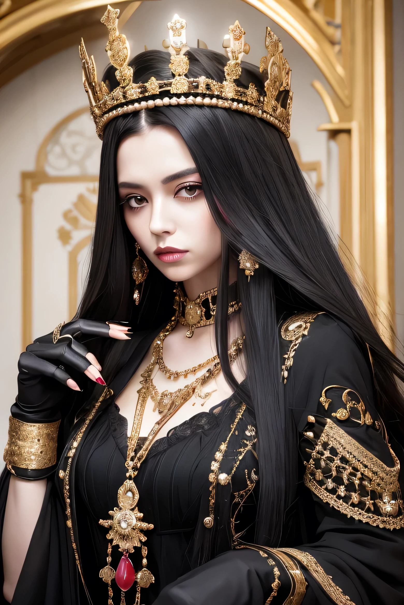 queen mistress, black long hair, haughty look, 3/4 photography, black crown with gold and rubies, looking at camera
