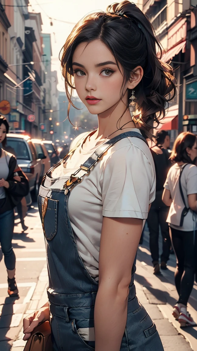 pho3b3cat3s photos, Beautiful woman, ((24-years-old)), street, T-Shirts, Denim overalls, 1980s, Retro, Long wavy black hair in a ponytail, (masterpiece), (Highly detailed CG Unity 8k wallpaper), Complex, ((Realistic)),