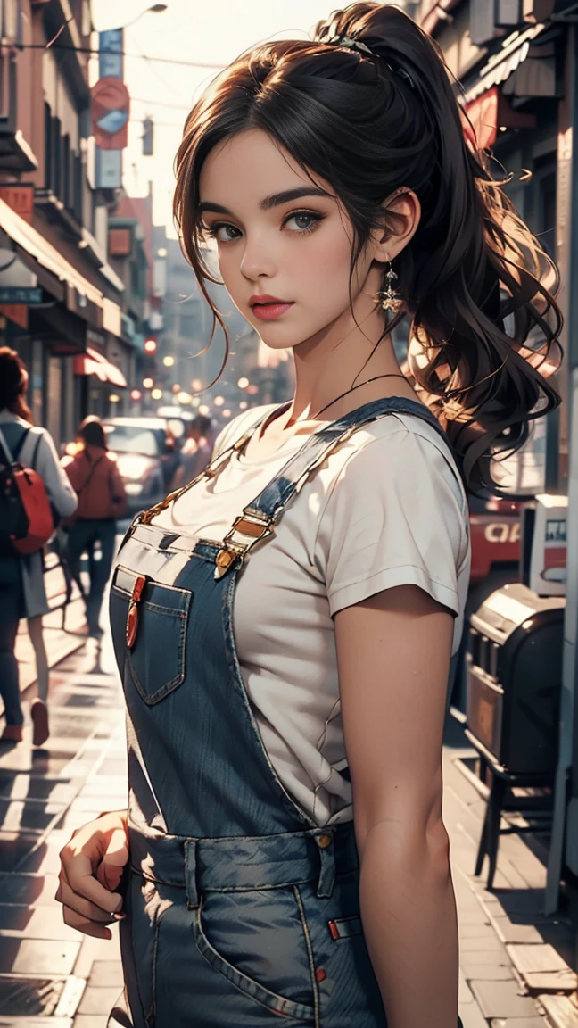 pho3b3cat3s photos, Beautiful woman, ((24-years-old)), street, T-Shirts, Denim overalls, 1980s, Retro, Long wavy black hair in a ponytail, (masterpiece), (Highly detailed CG Unity 8k wallpaper), Complex, ((Realistic)),