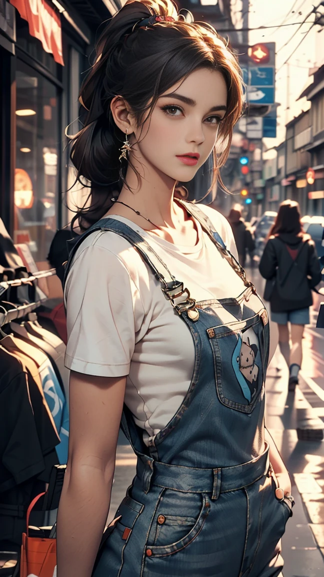 pho3b3cat3s photos, Beautiful woman, ((24-years-old)), street, T-Shirts, Denim overalls, 1980s, Retro, Long wavy black hair in a ponytail, (masterpiece), (Highly detailed CG Unity 8k wallpaper), Complex, ((Realistic)),