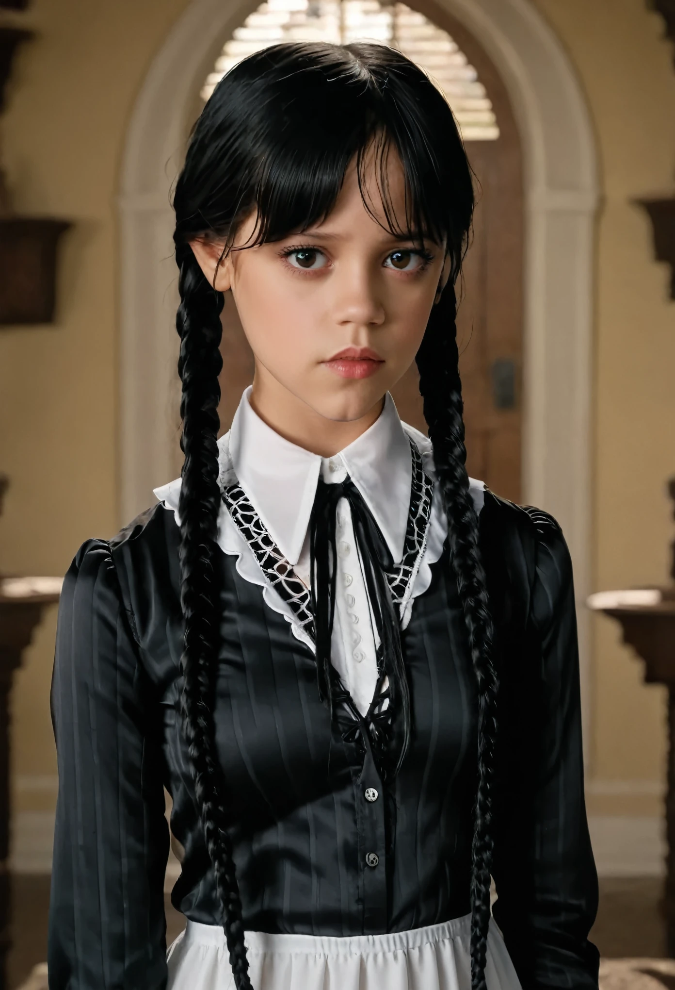 (full head):1.8, Arafed woman looks like Jenna Ortega with braids in a ((white dress and laced shirt, big breast):1.9), as Mittwoch Addams, Mittwoch Addams, she has white eyes!!!, Sie hat schwarze Haare mit Pony, with black pigtails, she has a sweet face
