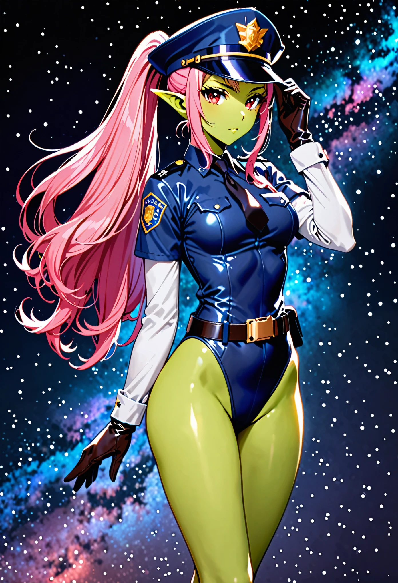 masterpiece, best quality, high res, solo, solo focus, 1girl, tall body, (pointy ears), ((green skin)), (pink hair, long hair, ponytail), red eyes, beautiful detailed eyes, beautiful detailed face, cute face, perfect hands, complete fingers, perfect anatomy, perfect proportions, ((hat, dark blue police hat)), ((leotard, matching leotard)), bare legs, ((boots, matching boots)), breasts, medium breasts, gloves, (full body portrait), looking at viewer, floating, police uniform, cowboy shot, space backdrop, indoors, (belt, tight belt), (armbands, white sleeves), (legs straight), full body costume design.