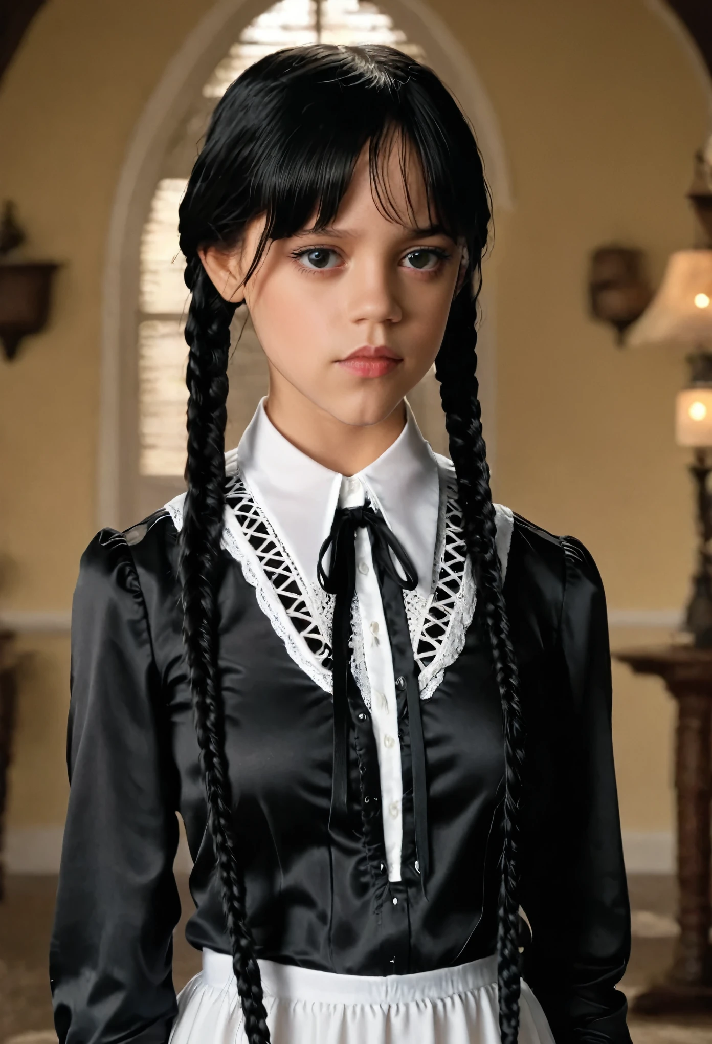 (full head):1.8, Arafed woman looks like Jenna Ortega with braids in a ((white dress and laced shirt, big breast):2.9), as Mittwoch Addams, Mittwoch Addams, she has white eyes!!!, Sie hat schwarze Haare mit Pony, with black pigtails, she has a sweet face
