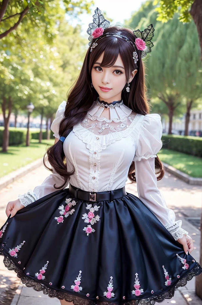 sexy stylish Spanish model, only 1 female, ((doll-like appearance)), full-body shot, ((detailed Mary Jane shoes)), beautiful smile, ultra detailed eyes, vivid eye makeup, lipgloss, long lashes, defined eyebrows, ((sexy Paradise Kiss cosplay)), bell-shaped skirt, petticoats, high neckline, puffed sleeves, (( ultra detailed lace)), ((ultra detailed embroidery)), intricate details, Paradise Kiss accessoires and matching headpiece, choker, ((large sparkling Paradise Kiss jewelry)), look at the camera, cinematic light, detailed large park background with trees