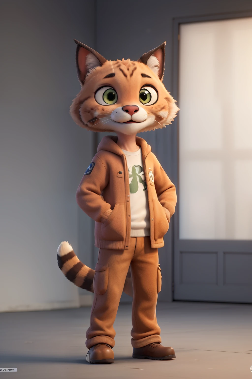 crie um animal caracal usando um moletom bege , em um fundo liso branco
