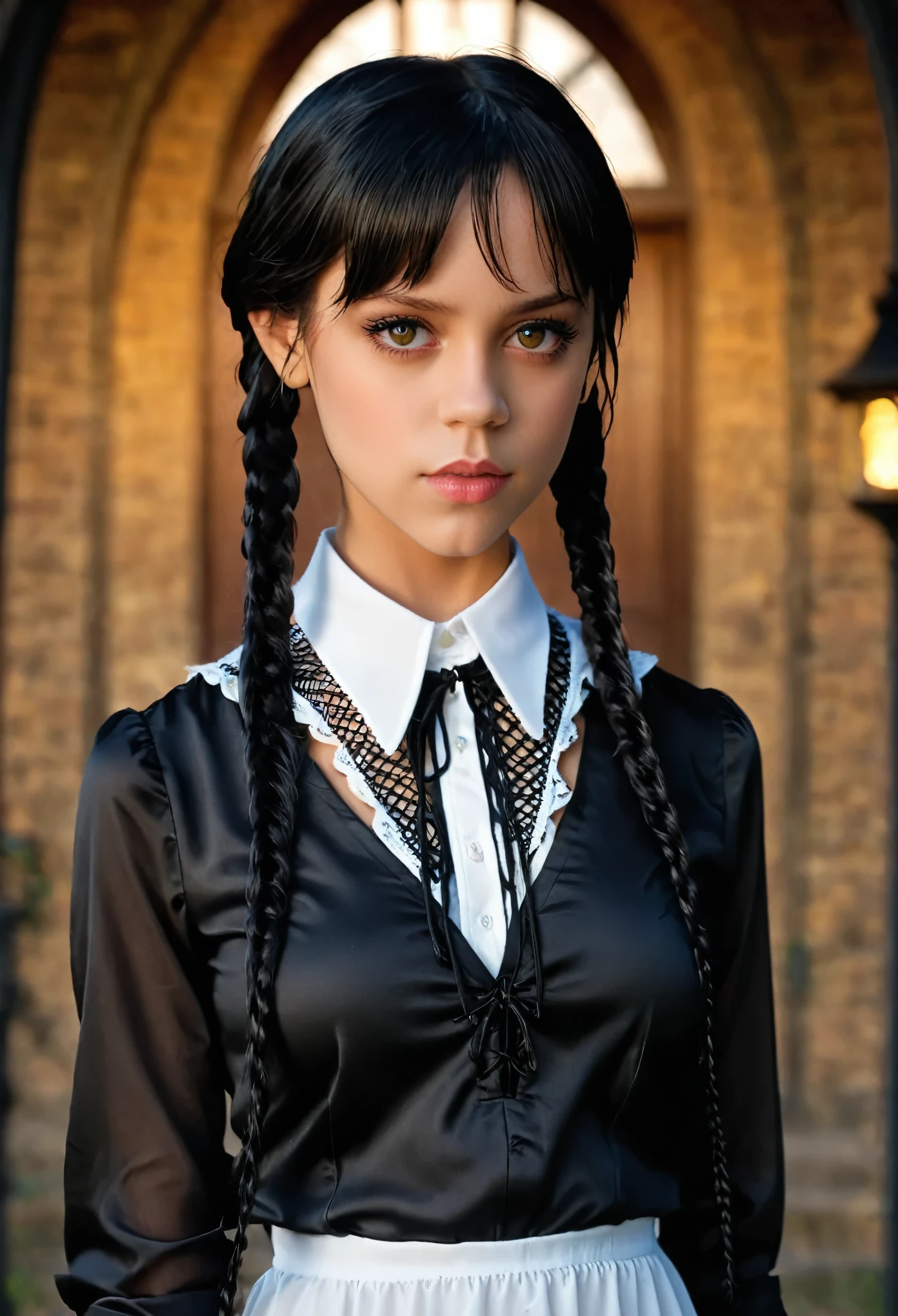 (full head):1.8, Arafed woman looks like Jenna Ortega with braids in a ((white dress and laced shirt, big breast):2.9), as Mittwoch Addams, Mittwoch Addams, she has white eyes!!!, Sie hat schwarze Haare mit Pony, with black pigtails, she has a sweet face, ((UnrealEngine5 epic masterpiece, ultra best quality, detailed, ultra sharpness focus, ultra high-resolution, ultra high-definition, UHD, HDR, vibrant DSLR vivid moonset)), colorful lighting, Evelyn Celebrian, blackess elf tanmed skin epic eyes breasts pubic tattoo, looking at viewer, Epic Cute, Eiffel reflection varies multi etc. --v 6 --s 1000 --c 20 --q 20 --chaos 100
