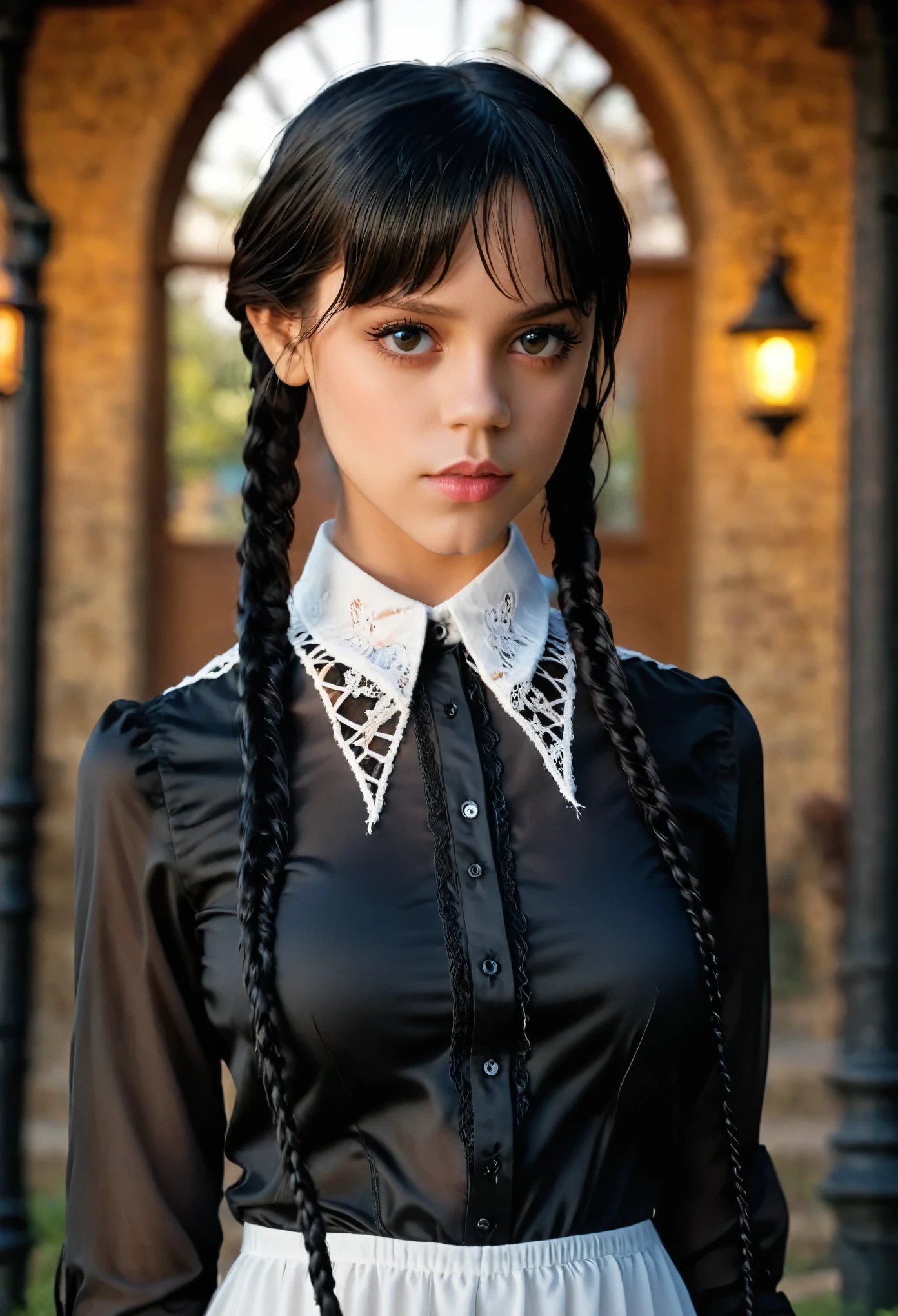 (full head):1.8, Arafed woman looks like Jenna Ortega with braids in a ((white dress and laced shirt, big breast):2.9), as Mittwoch Addams, Mittwoch Addams, she has white eyes!!!, Sie hat schwarze Haare mit Pony, with black pigtails, she has a sweet face, ((UnrealEngine5 epic masterpiece, ultra best quality, detailed, ultra sharpness focus, ultra high-resolution, ultra high-definition, UHD, HDR, vibrant DSLR vivid moonset)), colorful lighting, Evelyn Celebrian, blackess elf tanmed skin epic eyes breasts pubic tattoo, looking at viewer, Epic Cute, Eiffel reflection varies multi etc. --v 6 --s 1000 --c 20 --q 20 --chaos 100