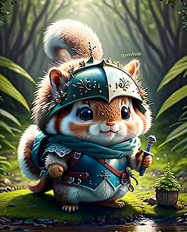 Top image quality、"Create a masterpiece of cute creatures. a squirrel、（The place is a forest）, high detailing, in 8K、Top image quality、Dressed as an adventurer、Holding a sword and shield in his hand、Medieval Knight Costume、(((kawaii)))、