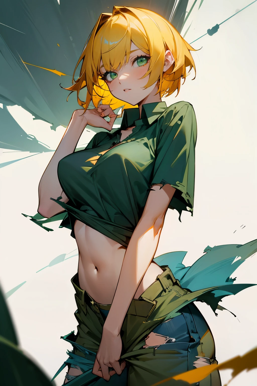 Girl, short yellow hair, beautiful green eyes, torn dark blue shirt, torn orange baggy pants, torn clothes, big breasts,