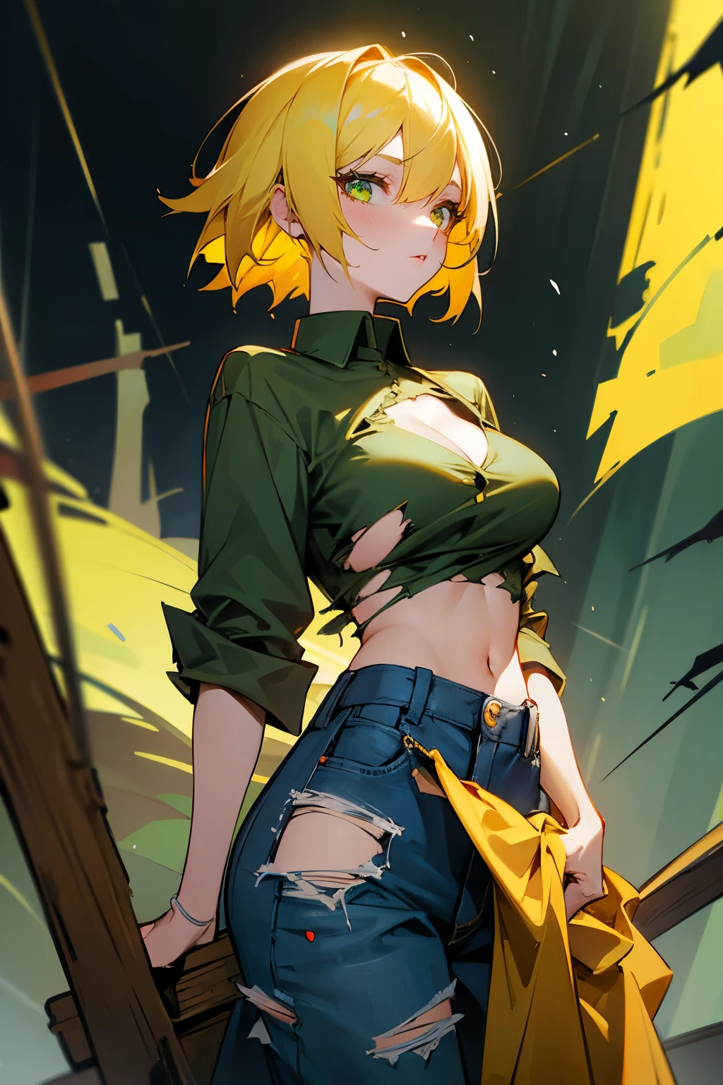 Girl, short yellow hair, beautiful green eyes, torn dark blue shirt, torn orange baggy pants, torn clothes, big breasts,