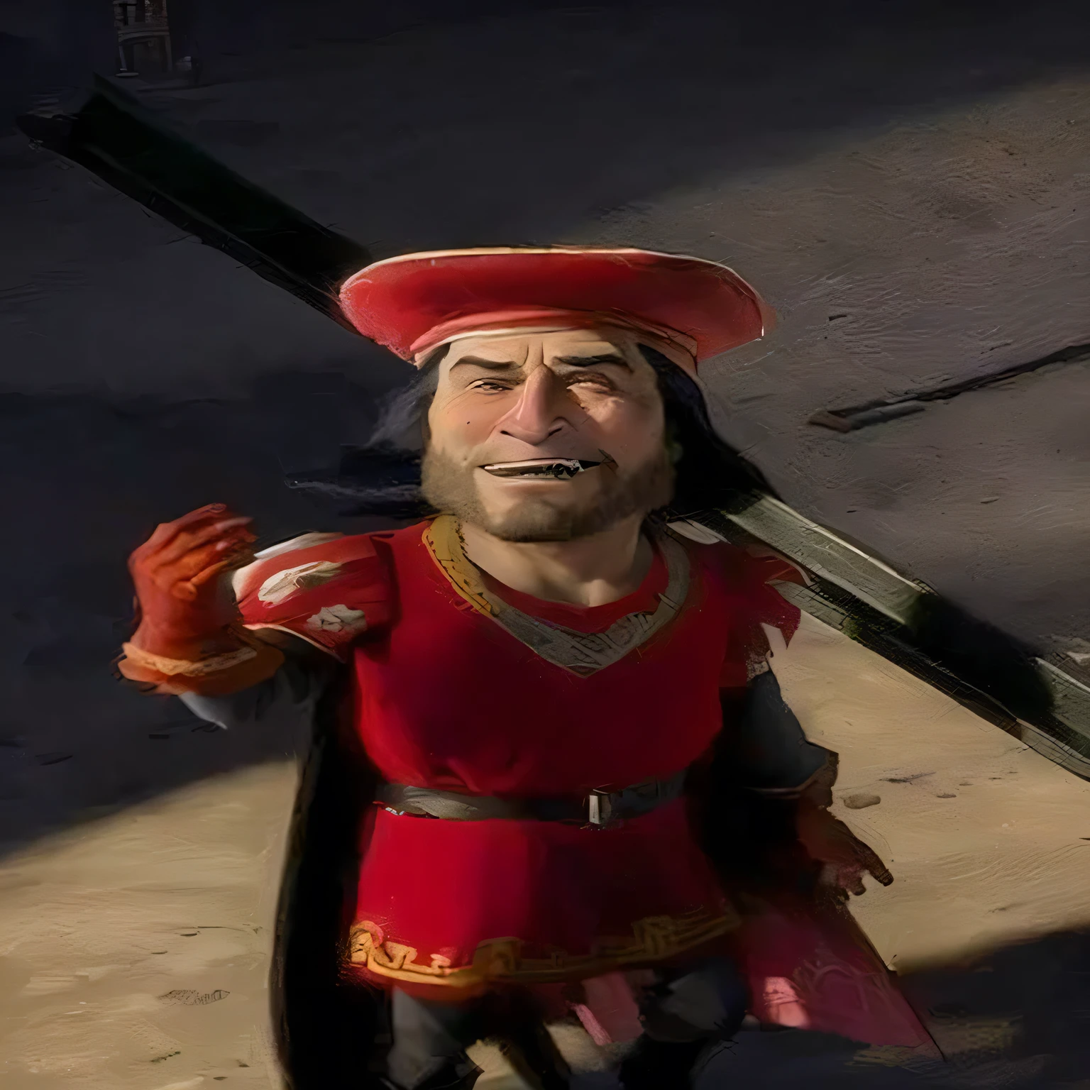 um close de um personagem de desenho animado segurando um taco de beisebol, o duque shrek, Elon Musk como mosqueteiro, Nicholas Cage como Monkey D Luffy, john redcorn, queixo quadrado em roupas medievais, (tom cruzeiro!!!!!) fantasia de bobo da corte, Robert de Niro como o Coringa Medieval, what we would see not essoldo, rasputin como personagem grubhub