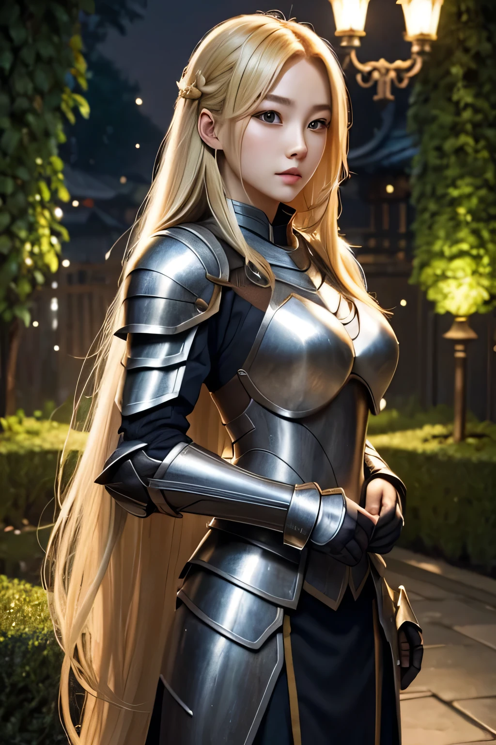 Young beautiful woman、Long blonde hair、Iron armor、The background is a night garden